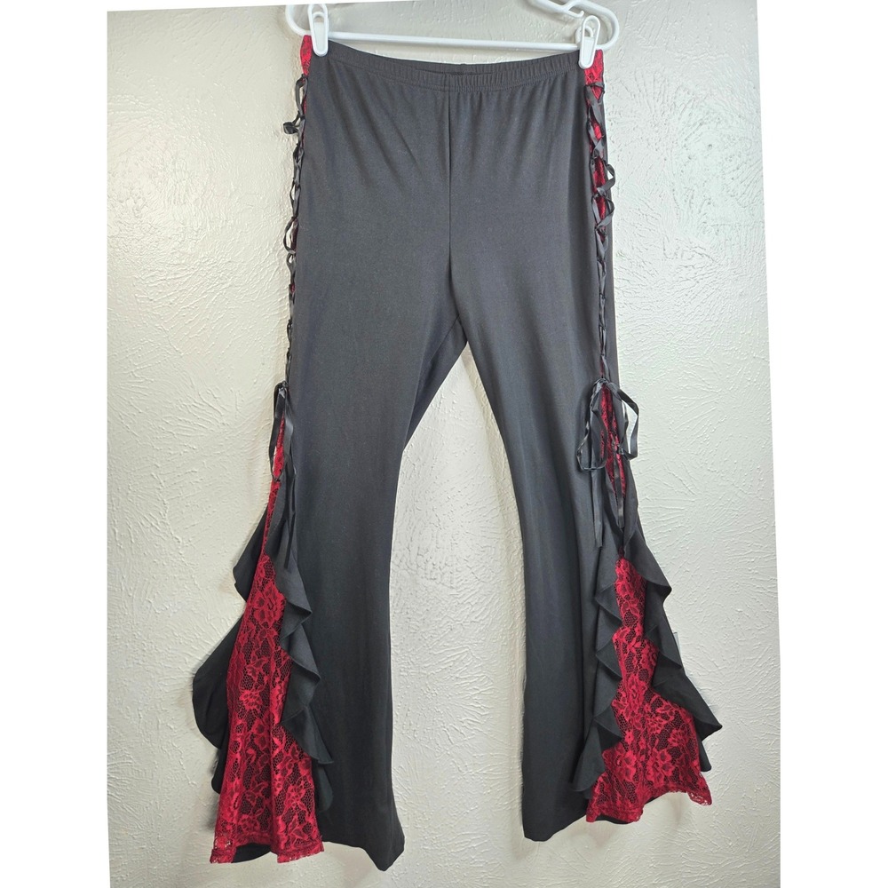 Victorian Lace Up Ruffle Flare Pants Black Red Goth Punk Alternative Bell Bottom